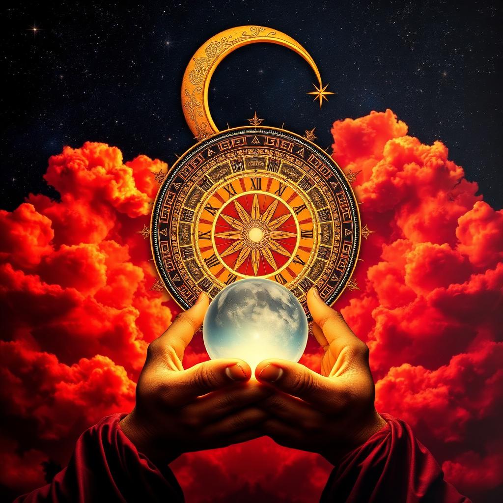 Crescent moon within a golden zodiac circle above hands holding a glowing crystal ball